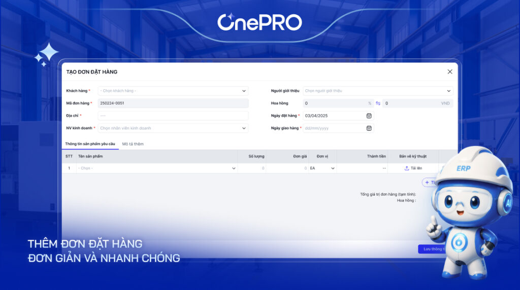 OnePro ERP: Giải Pháp Quản Lý Sản Xuất Tinh gọn 2 Giao diện phần mềm OnePro ERP tạo đơn hàng bán và kiểm tra tồn kho tự động